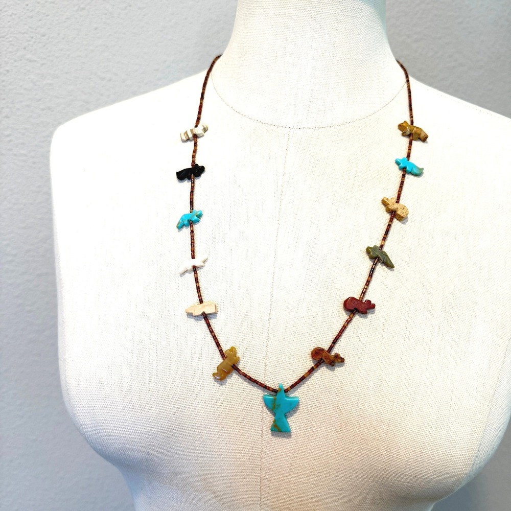 Southwestern Multi Stone Fetish Necklace Heishi Bead Animal Bird‎ Carved Charms